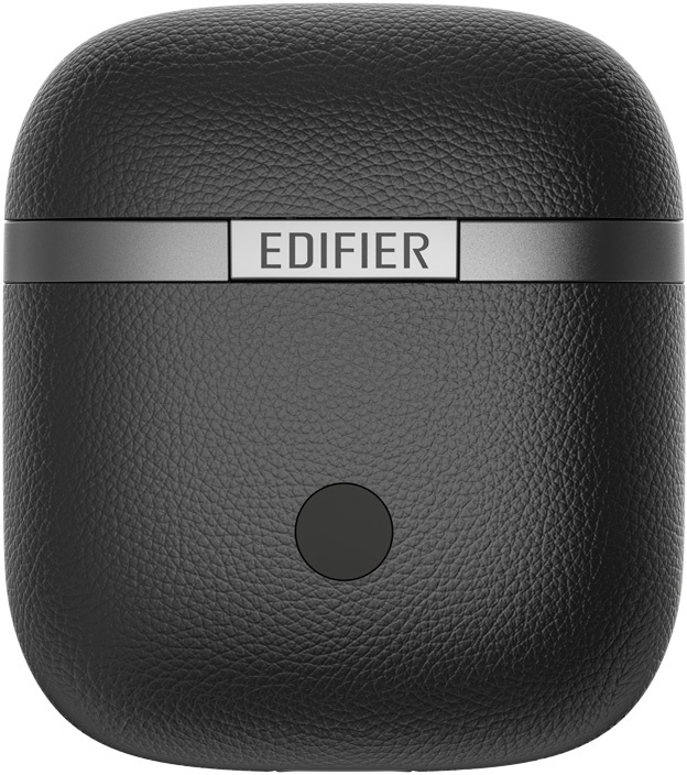 Fekete Edifier töltőtok bőr textúrával és ezüst szalaggal.