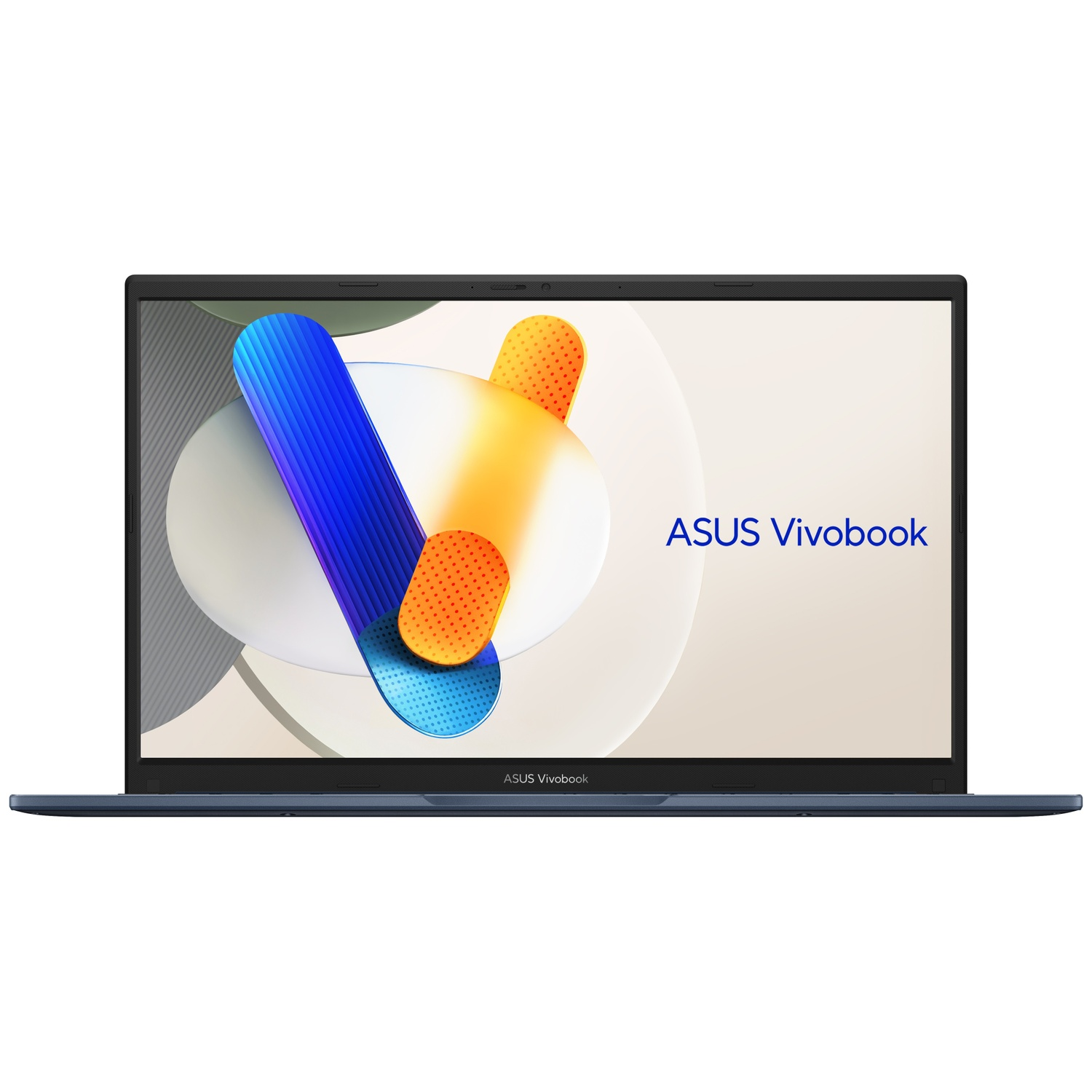 A dark blue ASUS Vivobook laptop with an abstract background on its screen.