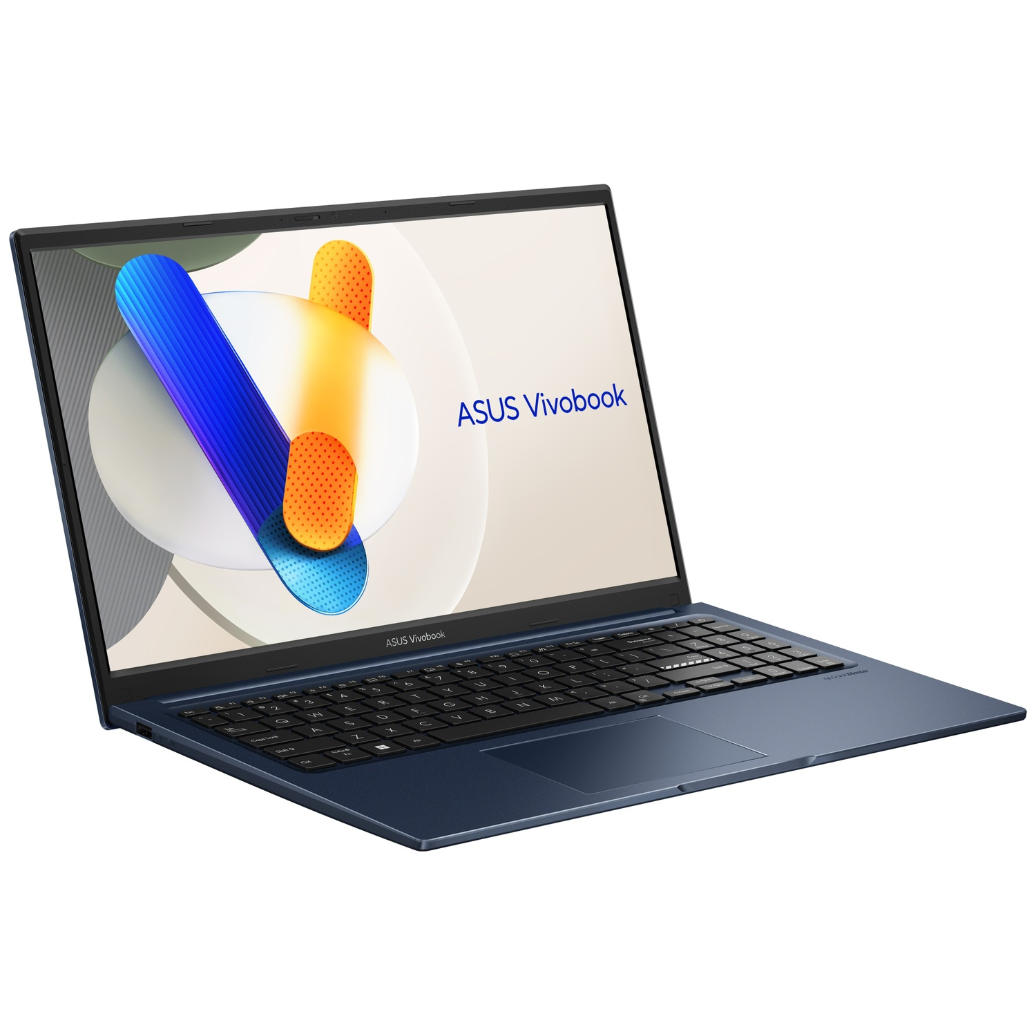 A blue Asus Vivobook laptop, showing its keyboard and screen.