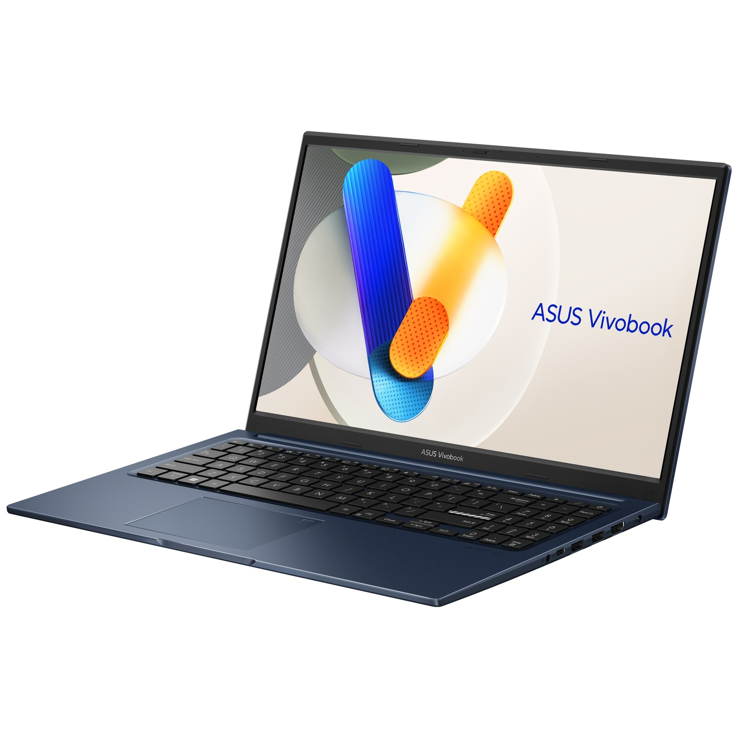 A dark blue ASUS Vivobook laptop with keyboard and touchpad is open.