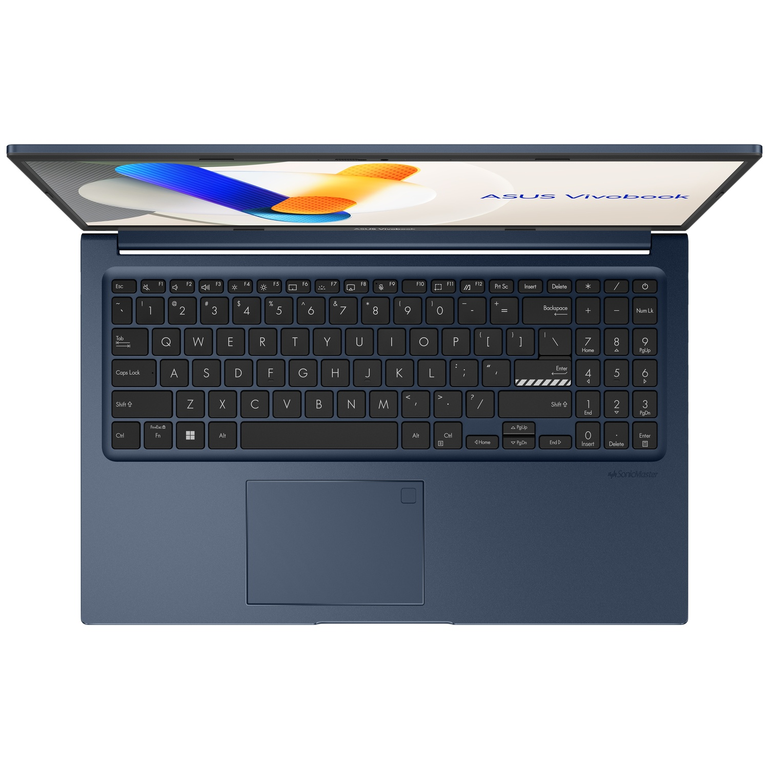 A dark blue Asus Vivobook laptop is open from above. Keyboard and touchpad are visible.