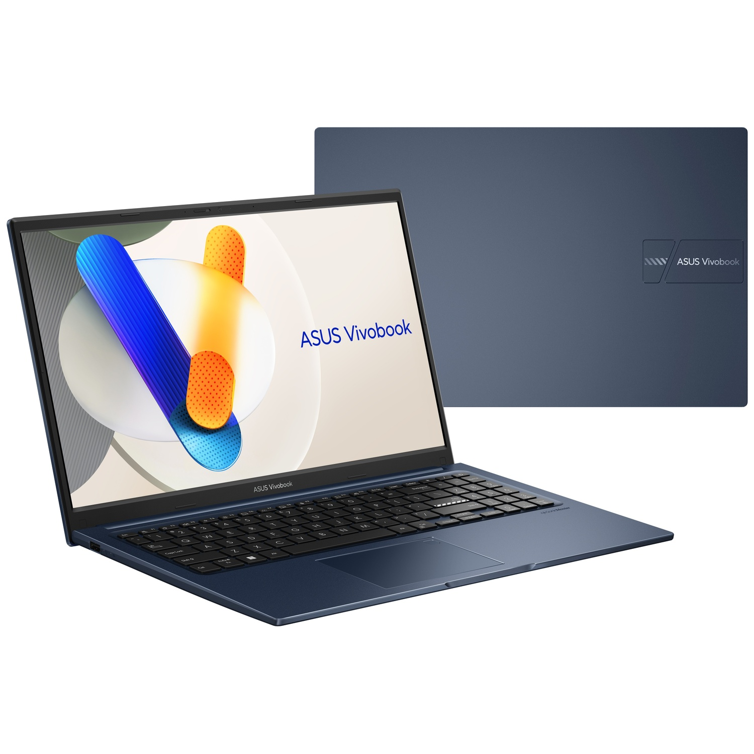 Blue ASUS Vivobook laptop, open showing keyboard and screen.