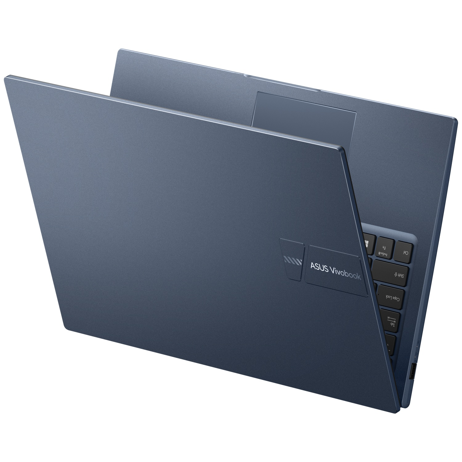 A closed, dark blue Asus Vivobook laptop on a white background.
