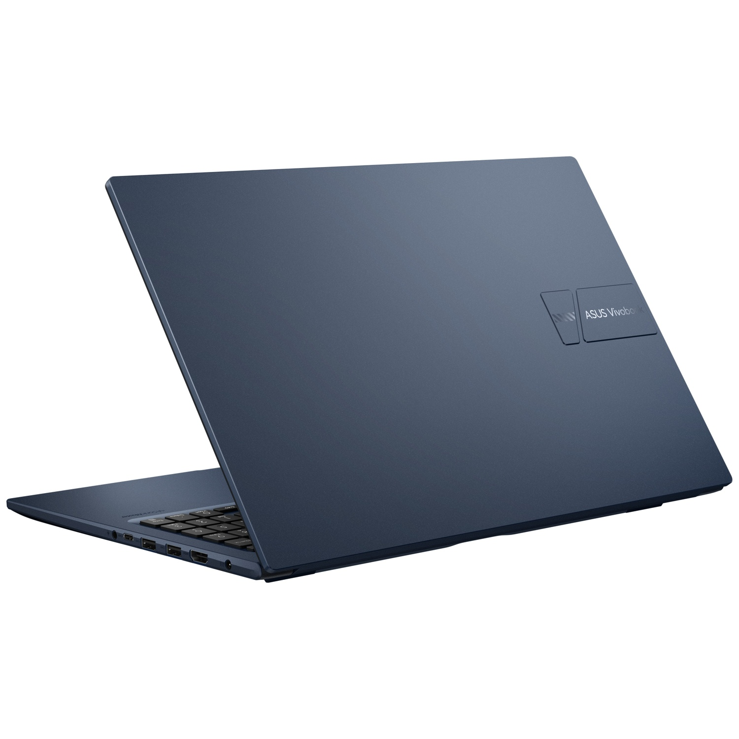 A dark blue laptop with its screen open, showing the ASUS Vivobook logo.