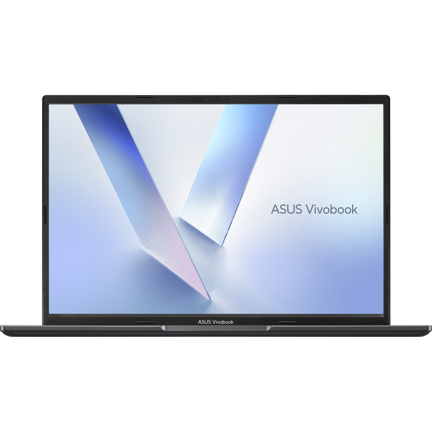 A dark grey ASUS Vivobook laptop is open, displaying a blue and white abstract wallpaper.