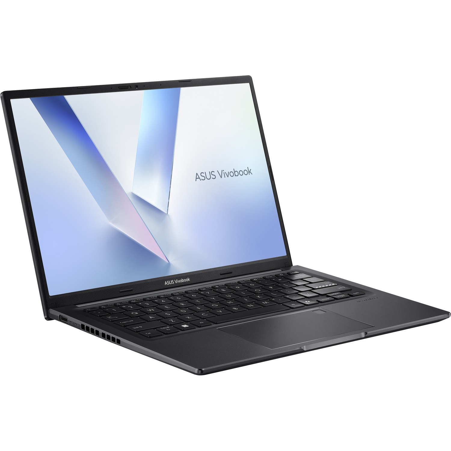 A dark laptop with a lit screen and keyboard, on a white background.