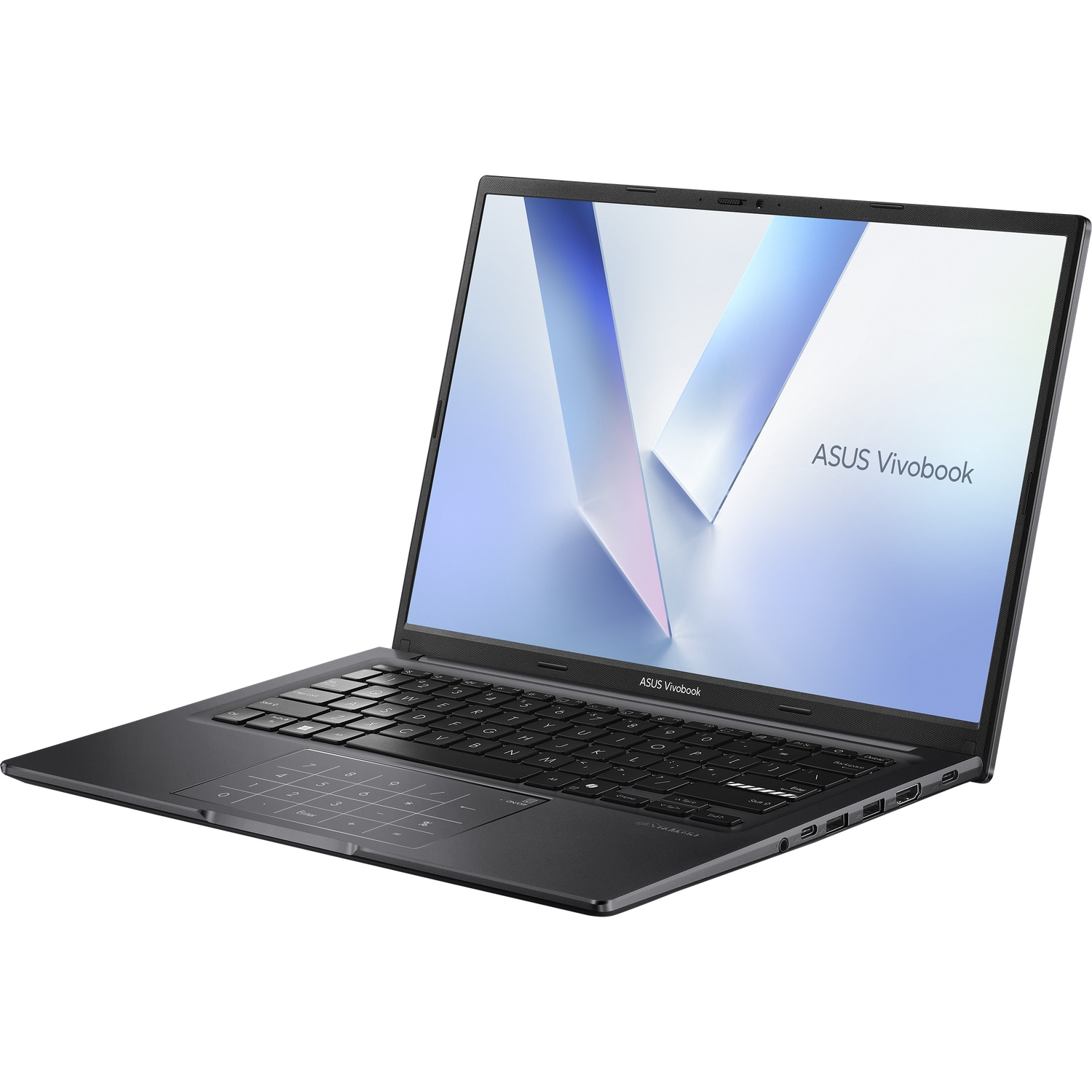 An open black Asus Vivobook laptop, showing the keyboard and touchpad.