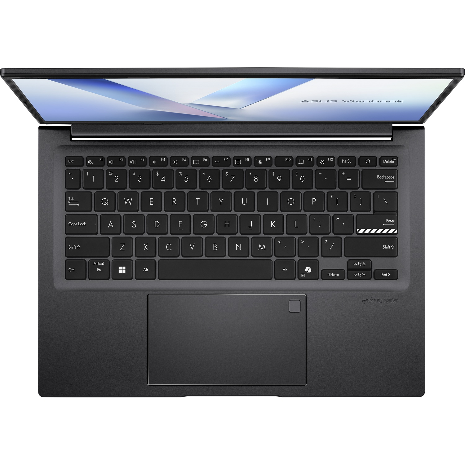 A black Asus Vivobook laptop is open. The keyboard and touchpad are visible.