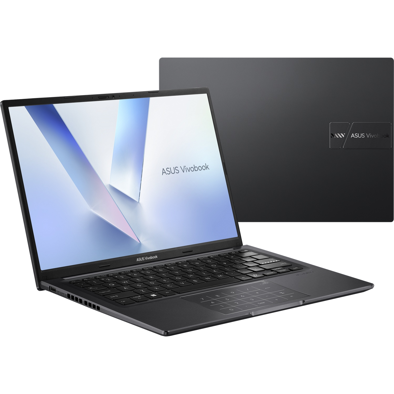 A dark grey ASUS Vivobook laptop is shown from an angled front view. The screen displays a light blue and white abstract design.