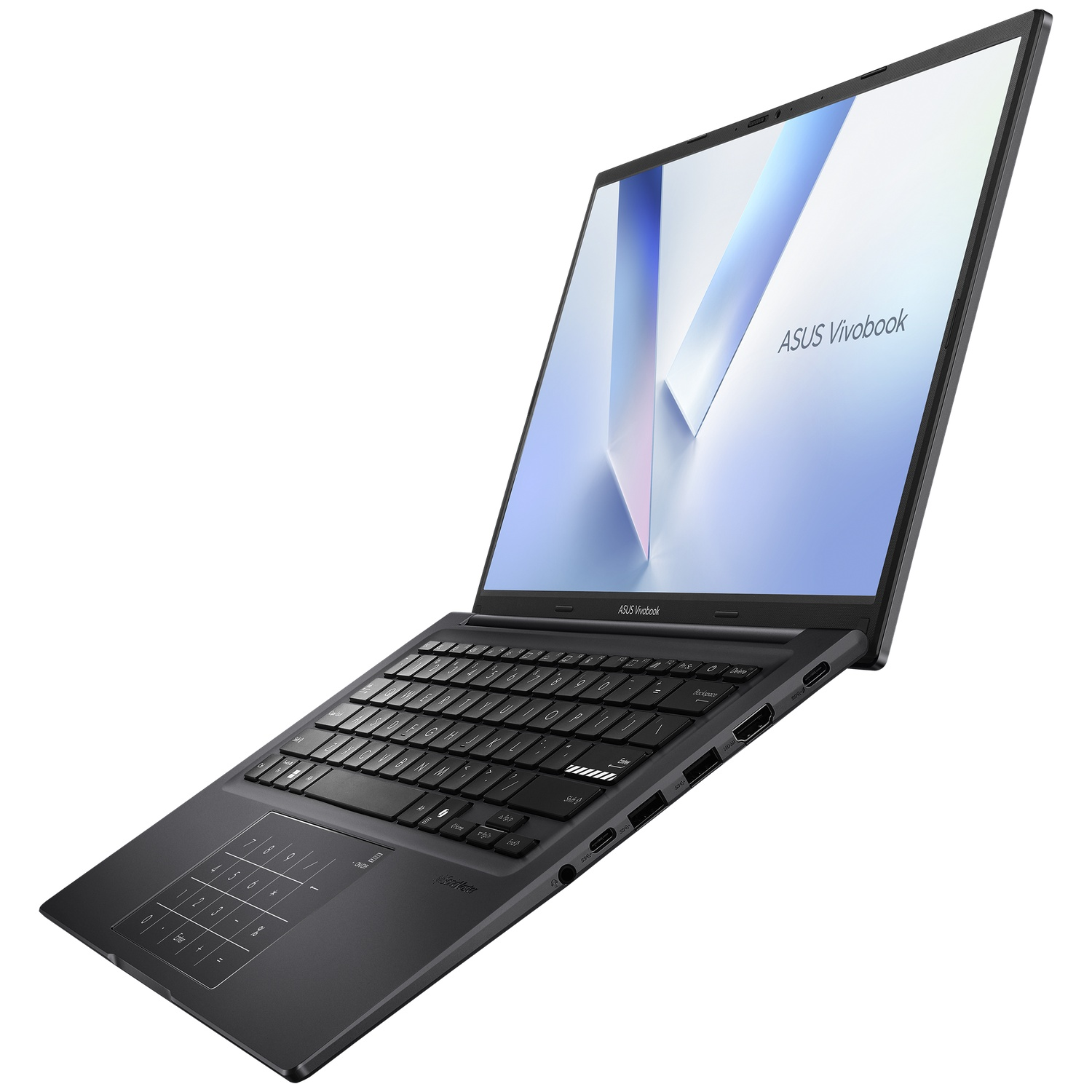 A black Asus Vivobook laptop on a white background, shown at an angle from the front.