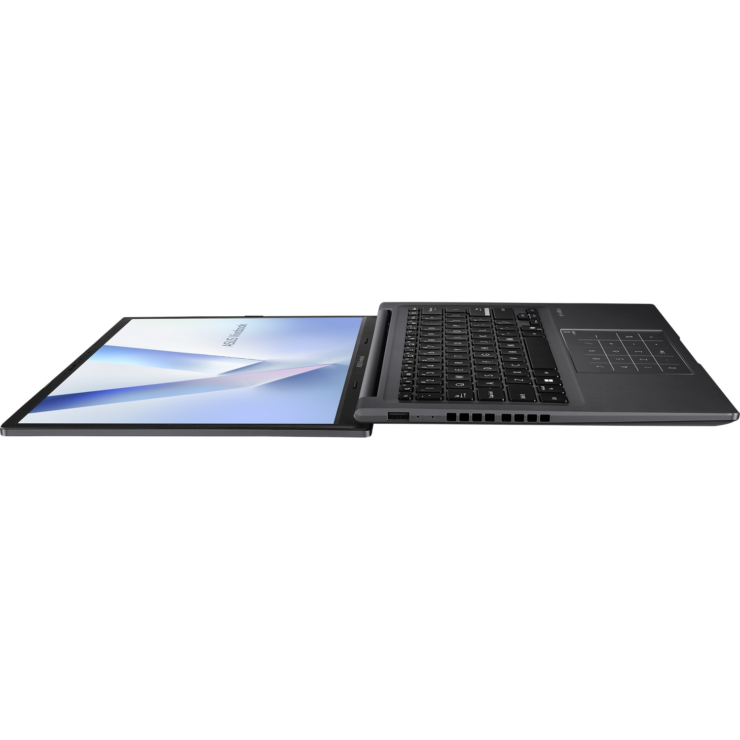 A dark, open laptop with a keyboard and screen visible, shown from the side.