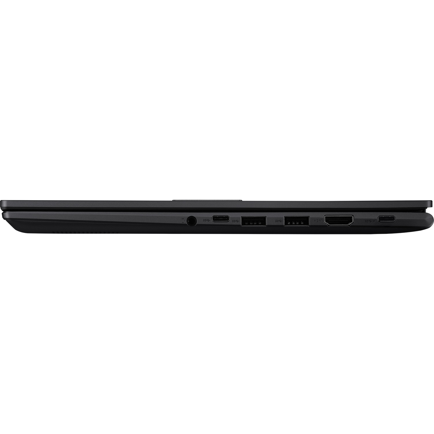 Black laptop side view showing ports: headphone, USB-C, HDMI, USB-A.