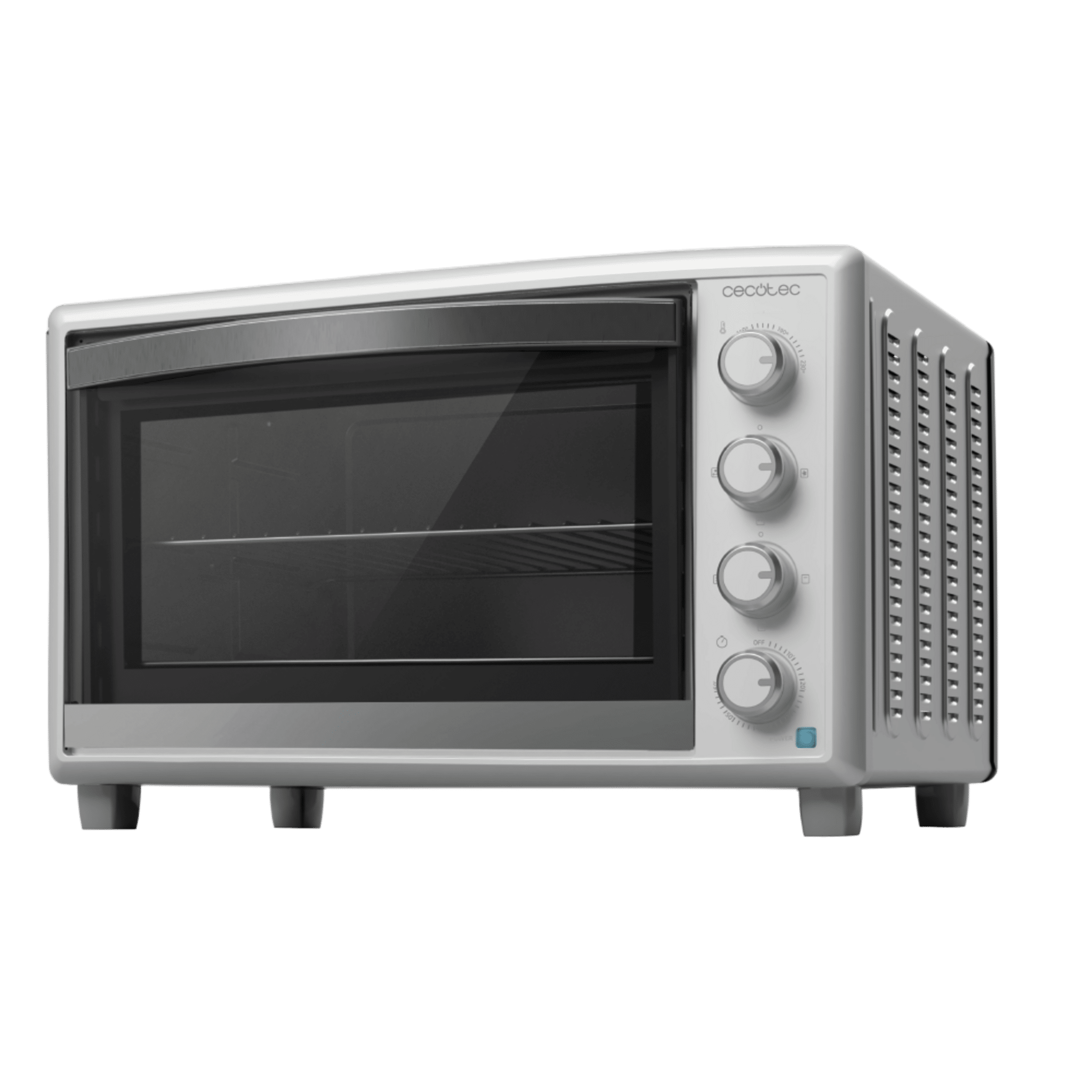 Un horno de sobremesa blanco con puerta de cristal, cuatro diales y ranuras de ventilación.