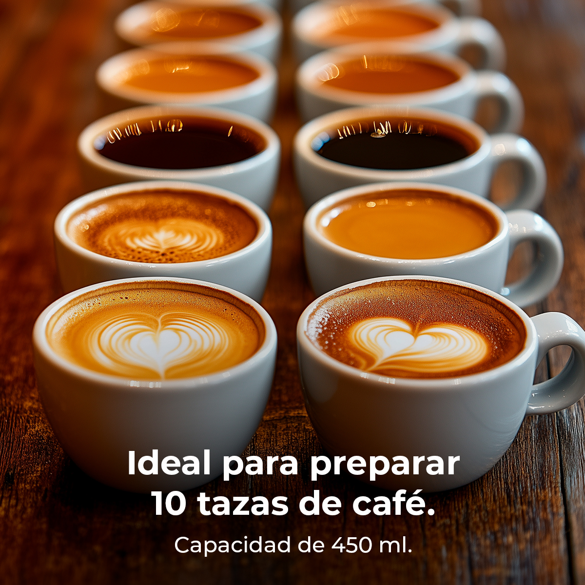 Varias tazas de café con arte latte sobre fondo de madera. Capacidad 10 tazas.