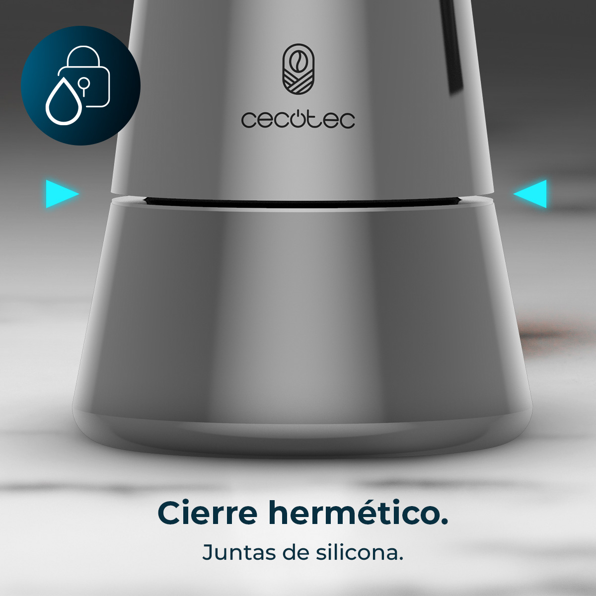 Tetera gris con icono de sello y flechas azules. Texto: Cecotec.