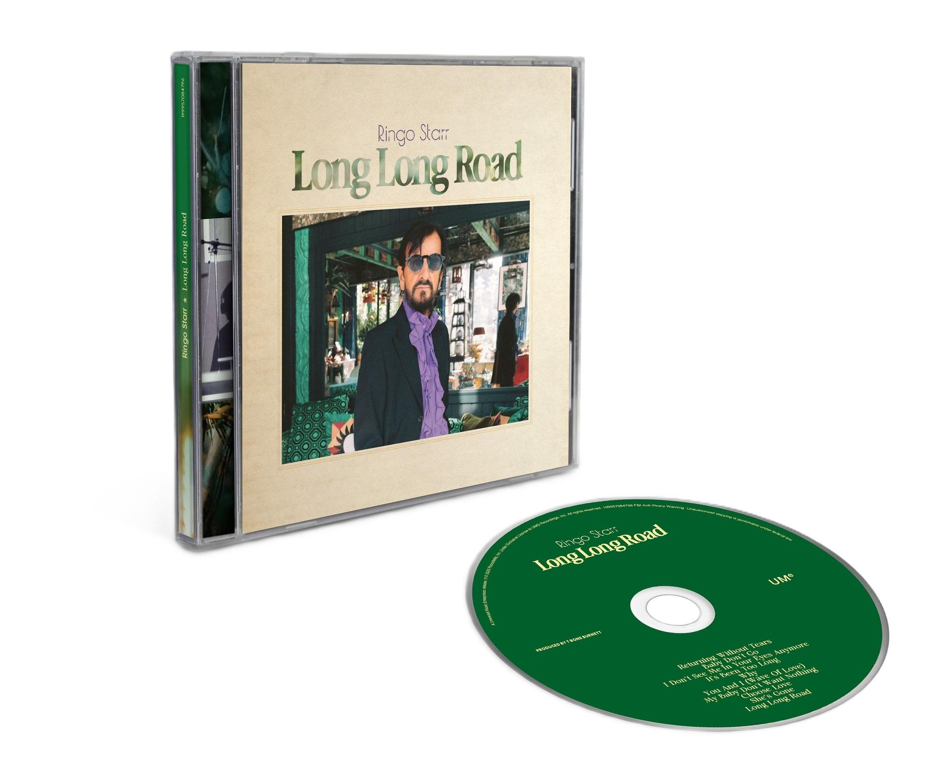 CD-Hülle und CD für Ringo Starrs Album 'Long Long Road' mit Porträt und Titelliste.
