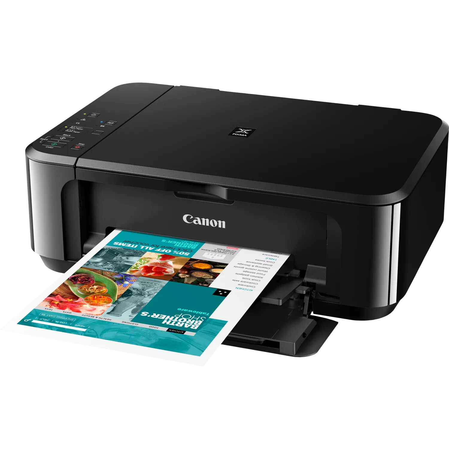 Czarna drukarka Canon Pixma drukuje kolorowy arkusz z ofertami.