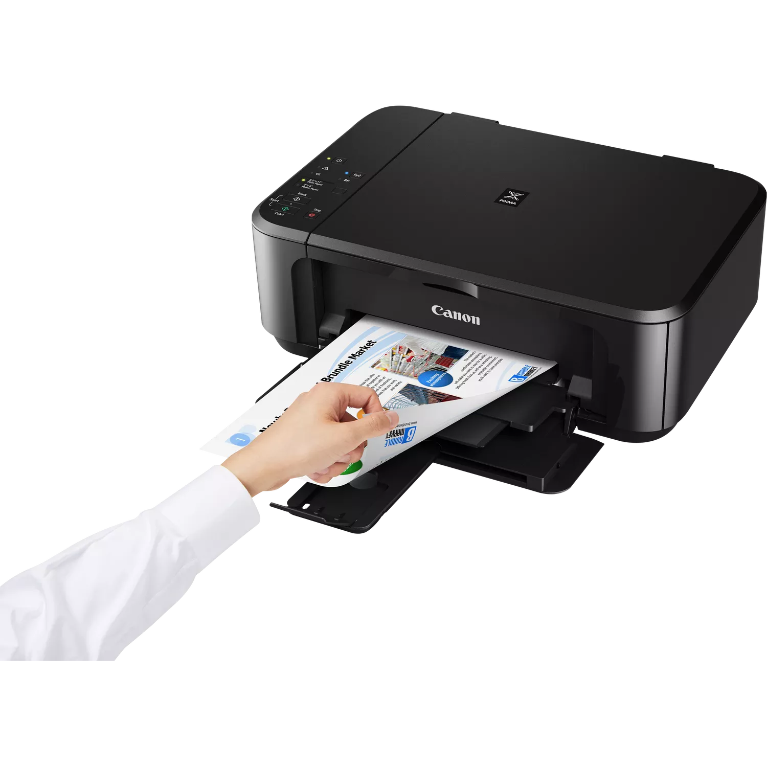 Dłoń w białej koszuli wkłada dokument do czarnej drukarki Canon Pixma.