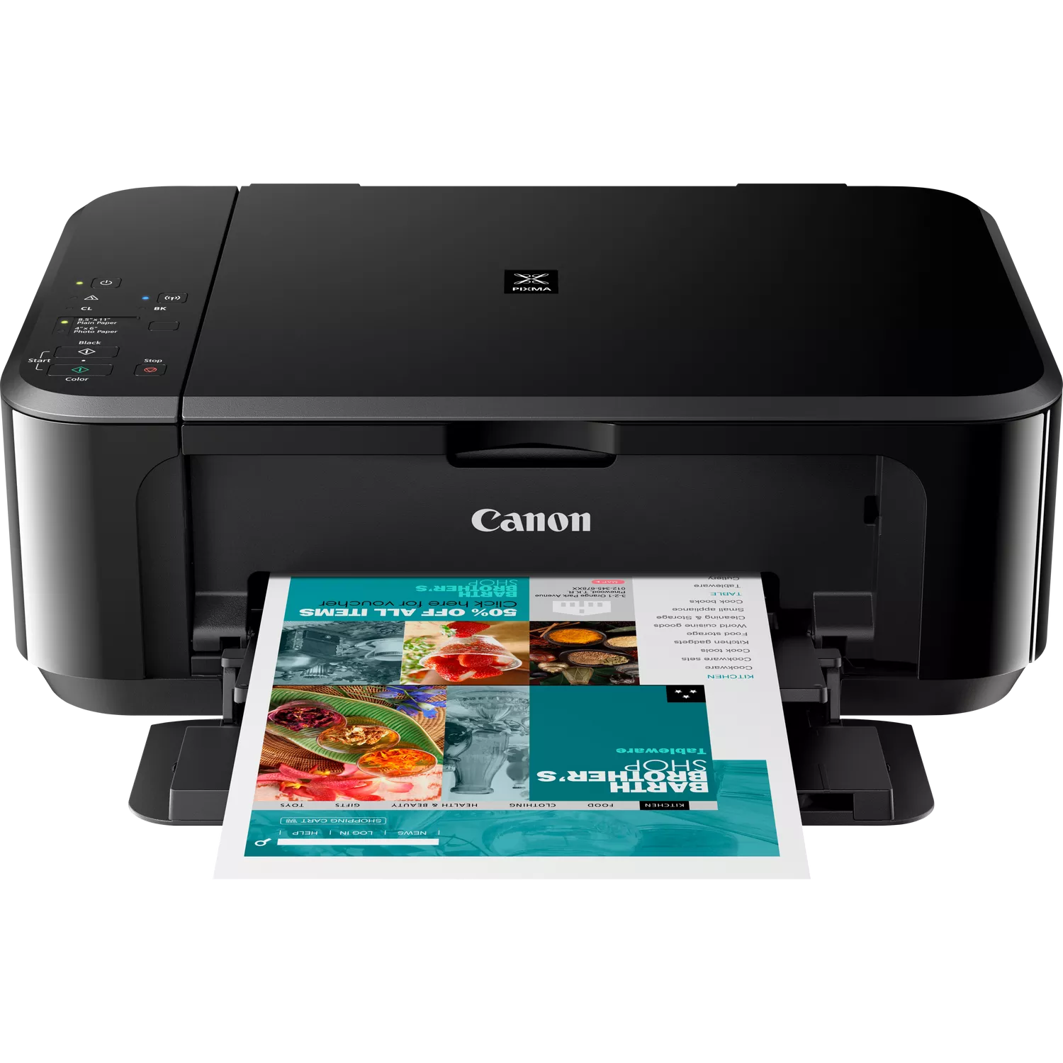 Czarna drukarka Canon Pixma drukuje kolorową reklamę z jedzeniem i rabatem.
