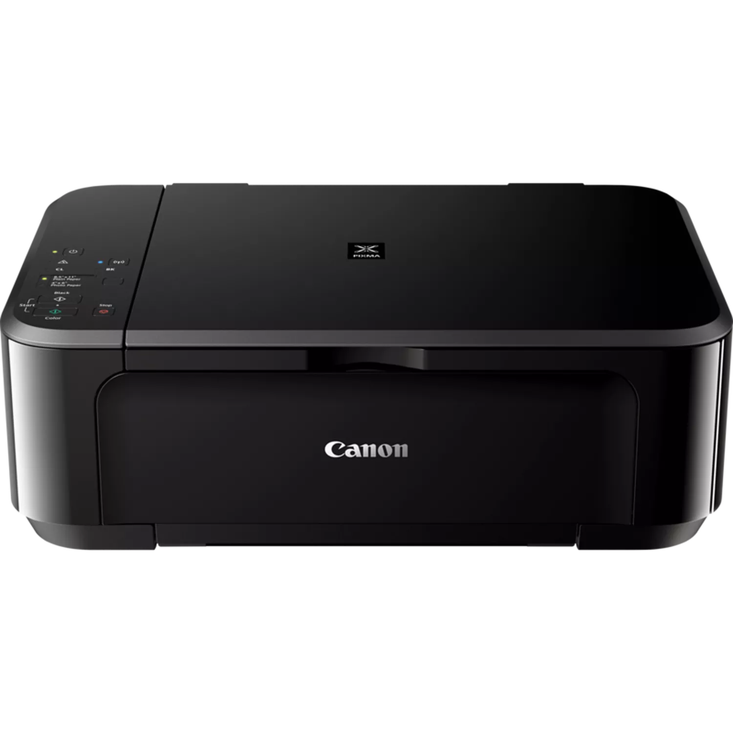 Czarna drukarka Canon Pixma z panelem sterowania i logo Canon.
