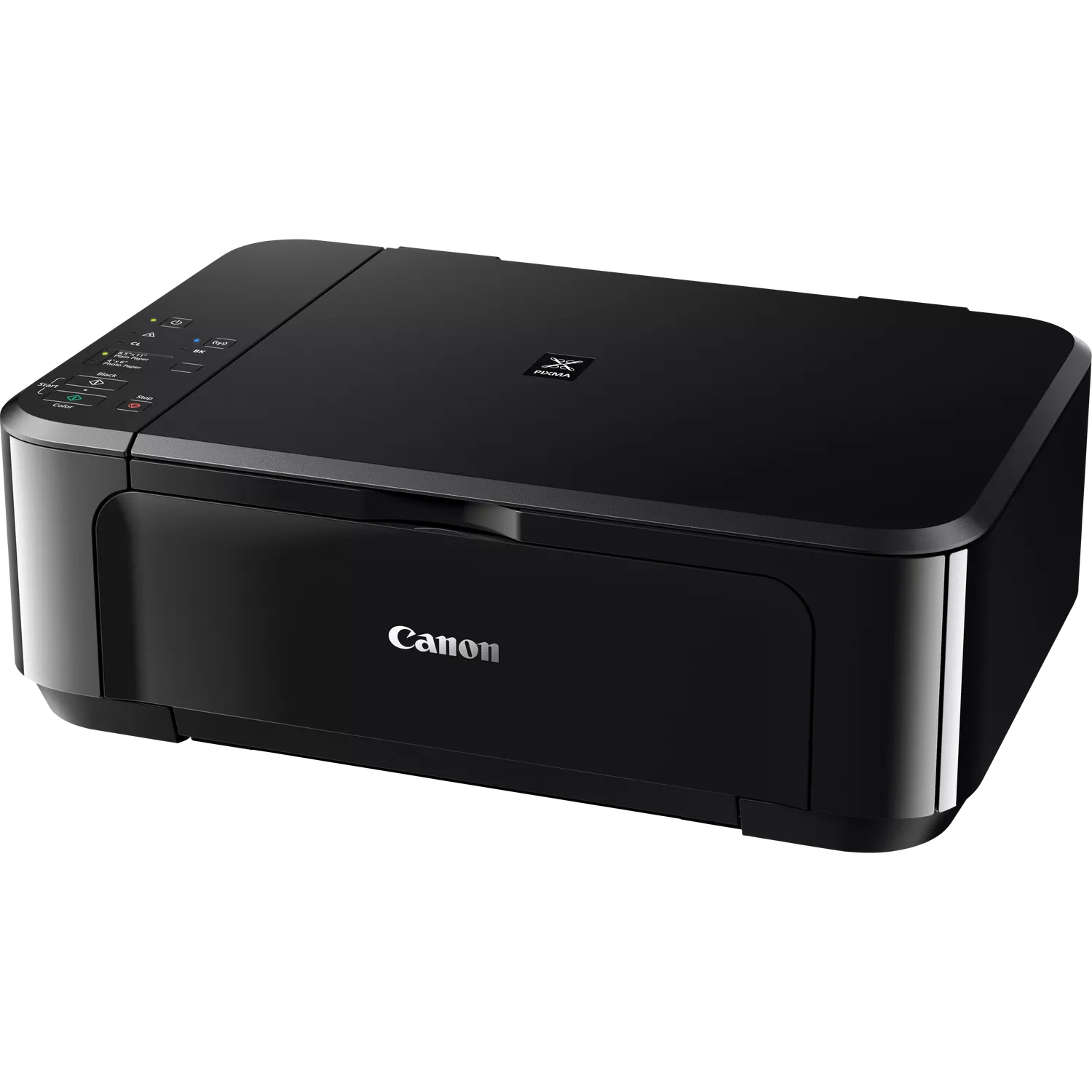 Czarna drukarka Canon Pixma z panelem sterowania i logo.