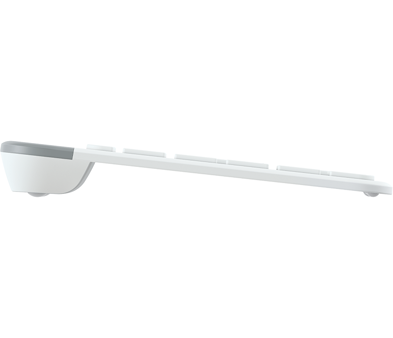 Biała klawiatura bezprzewodowa widziana z boku, z szarymi akcentami po lewej stronie.