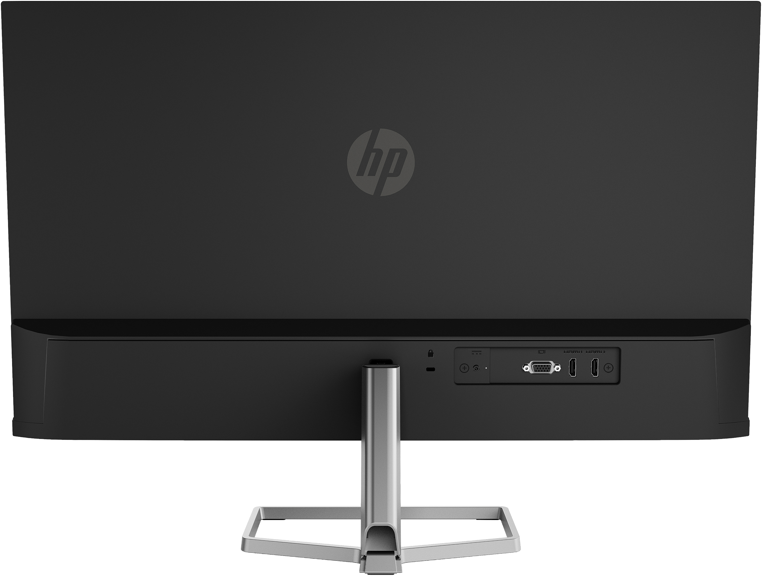 Tył czarnego monitora HP ze stojakiem i portami. Zawiera HDMI.
