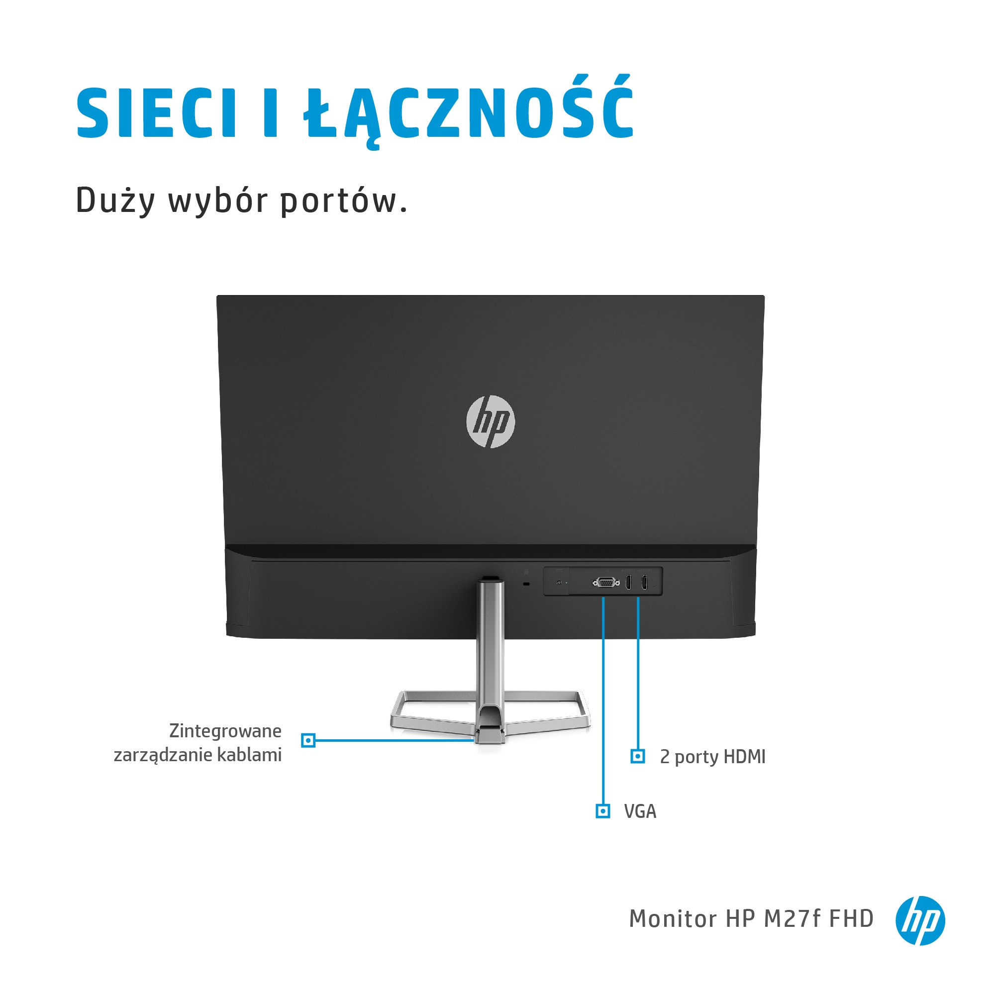 Tył monitora HP z portami HDMI, VGA i zarządzaniem kablami.