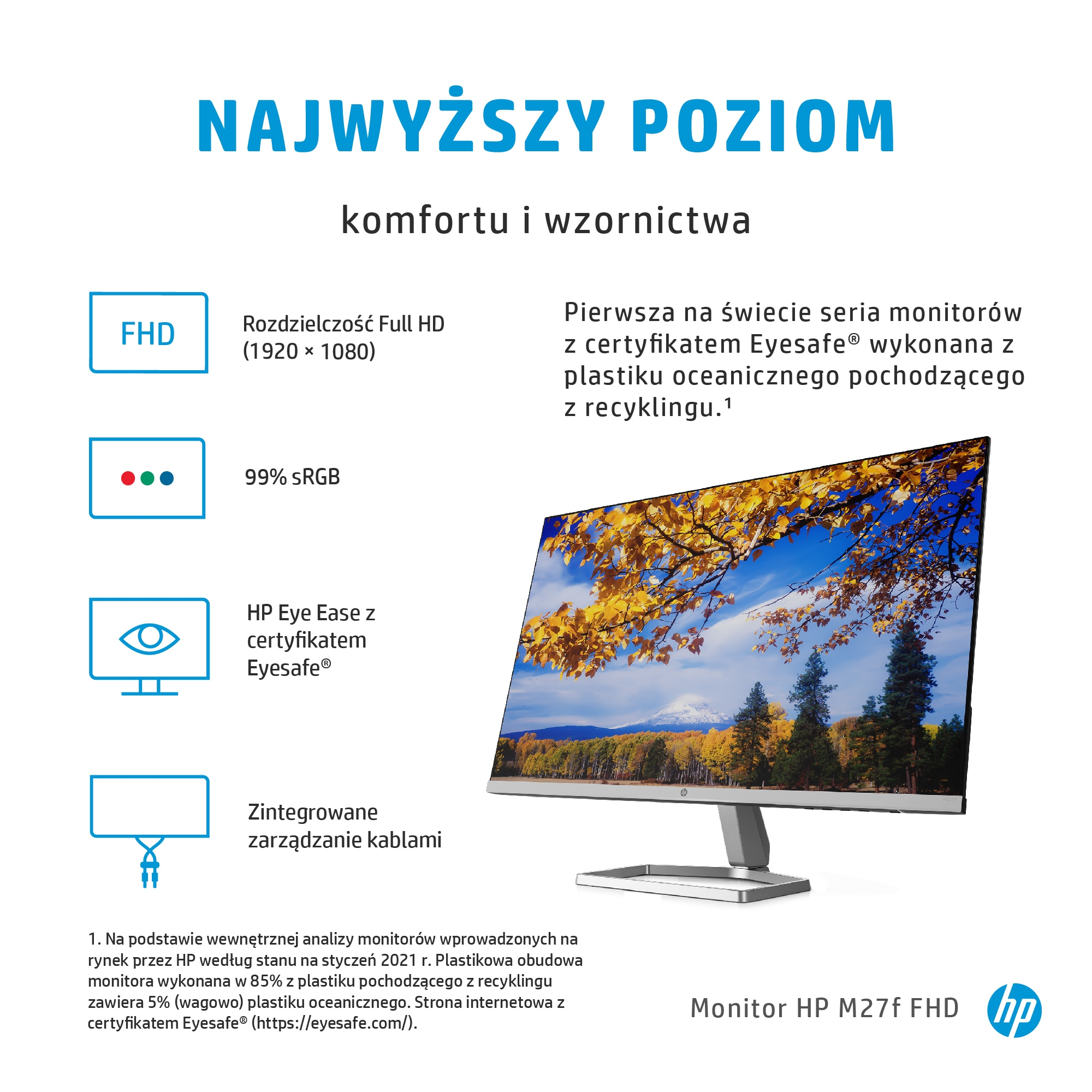 Monitor HP z FHD, 99% sRGB, Eye Ease i zarządzaniem kablami.
