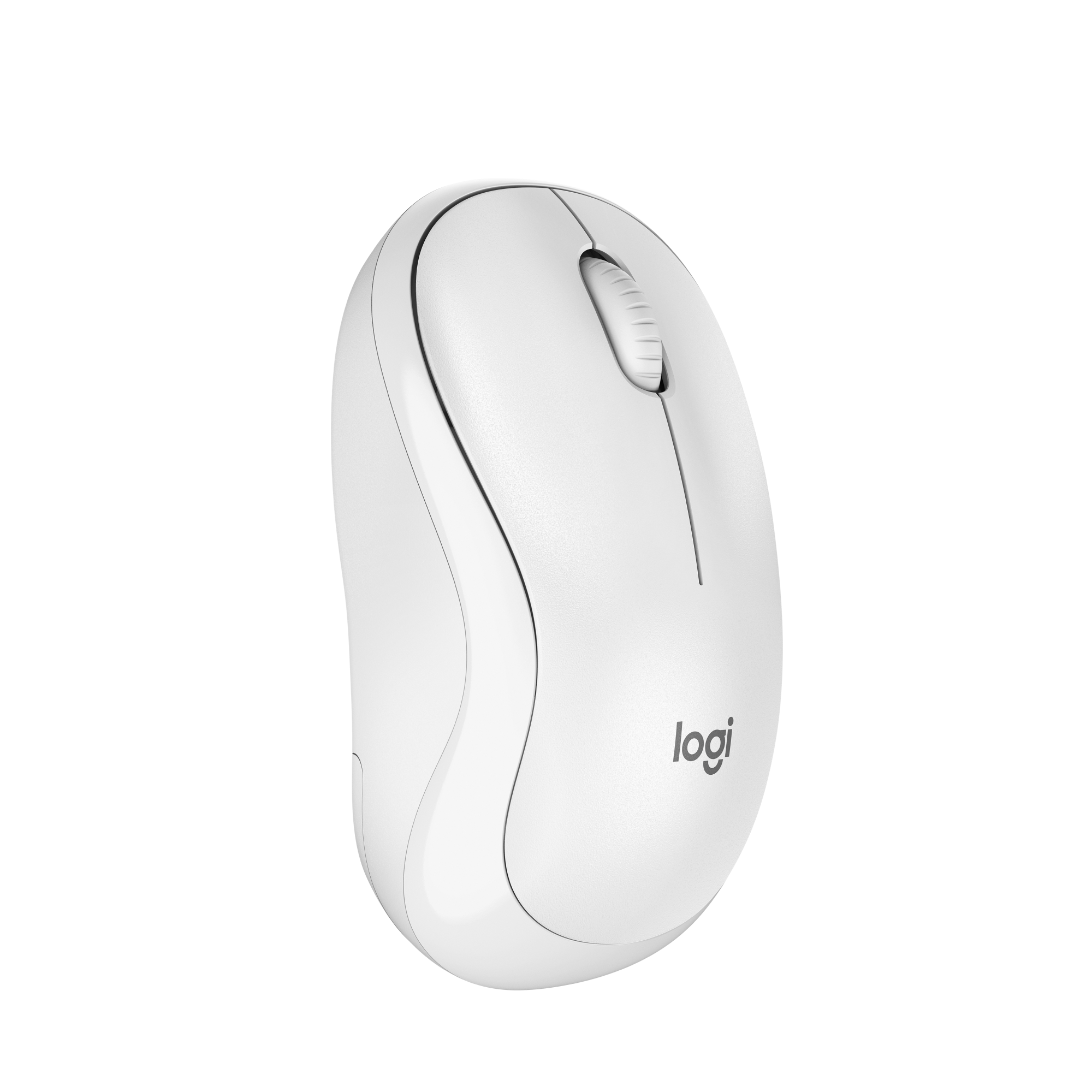 Biała mysz Logitech z kółkiem przewijania i logo.