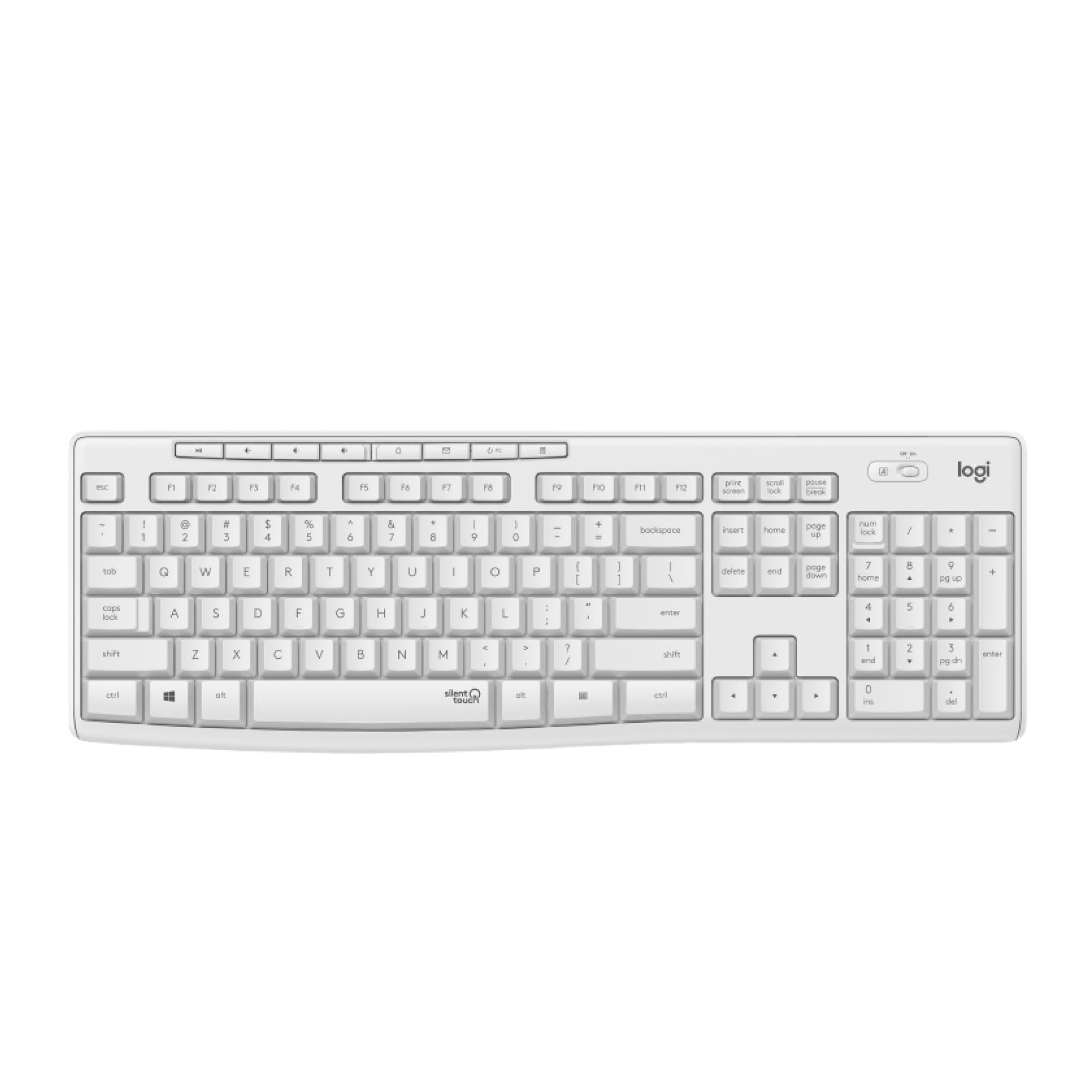 Biała, bezprzewodowa klawiatura Logitech z układem QWERTZ i klawiaturą numeryczną.
