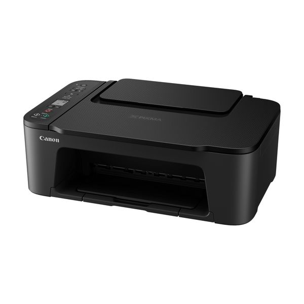 Czarna drukarka Canon Pixma z panelem sterowania i tacą wyjściową.