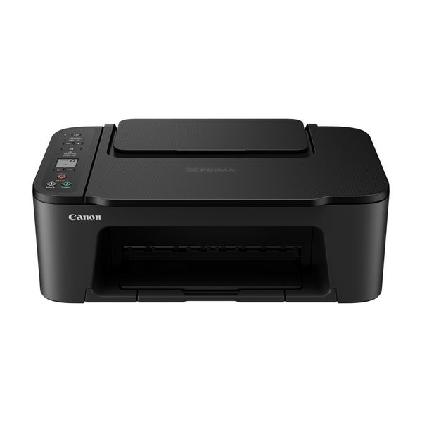 Czarna drukarka Canon Pixma z panelem sterowania i tacą wyjściową papieru.