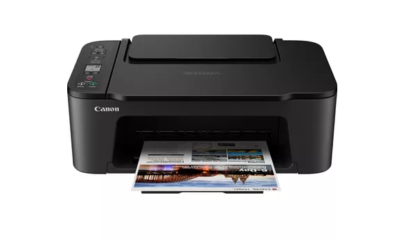 Czarna drukarka Canon z zadrukowanym papierem wychodzącym z podajnika.
