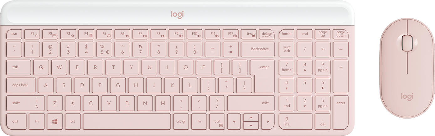 Różowa klawiatura i mysz Logitech leżą obok siebie.