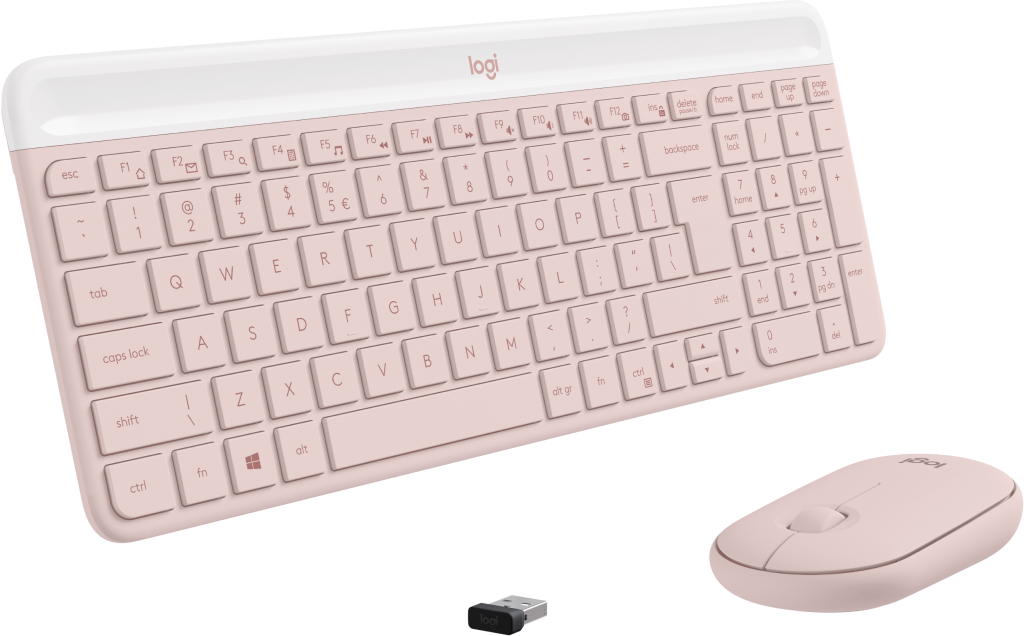 Różowa klawiatura i mysz z logo Logitech na czarnym tle.