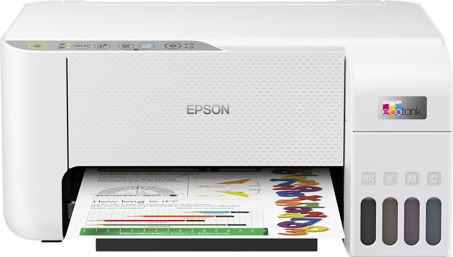 Biała drukarka Epson Ecotank z kartką mierzącą kąty i długości.