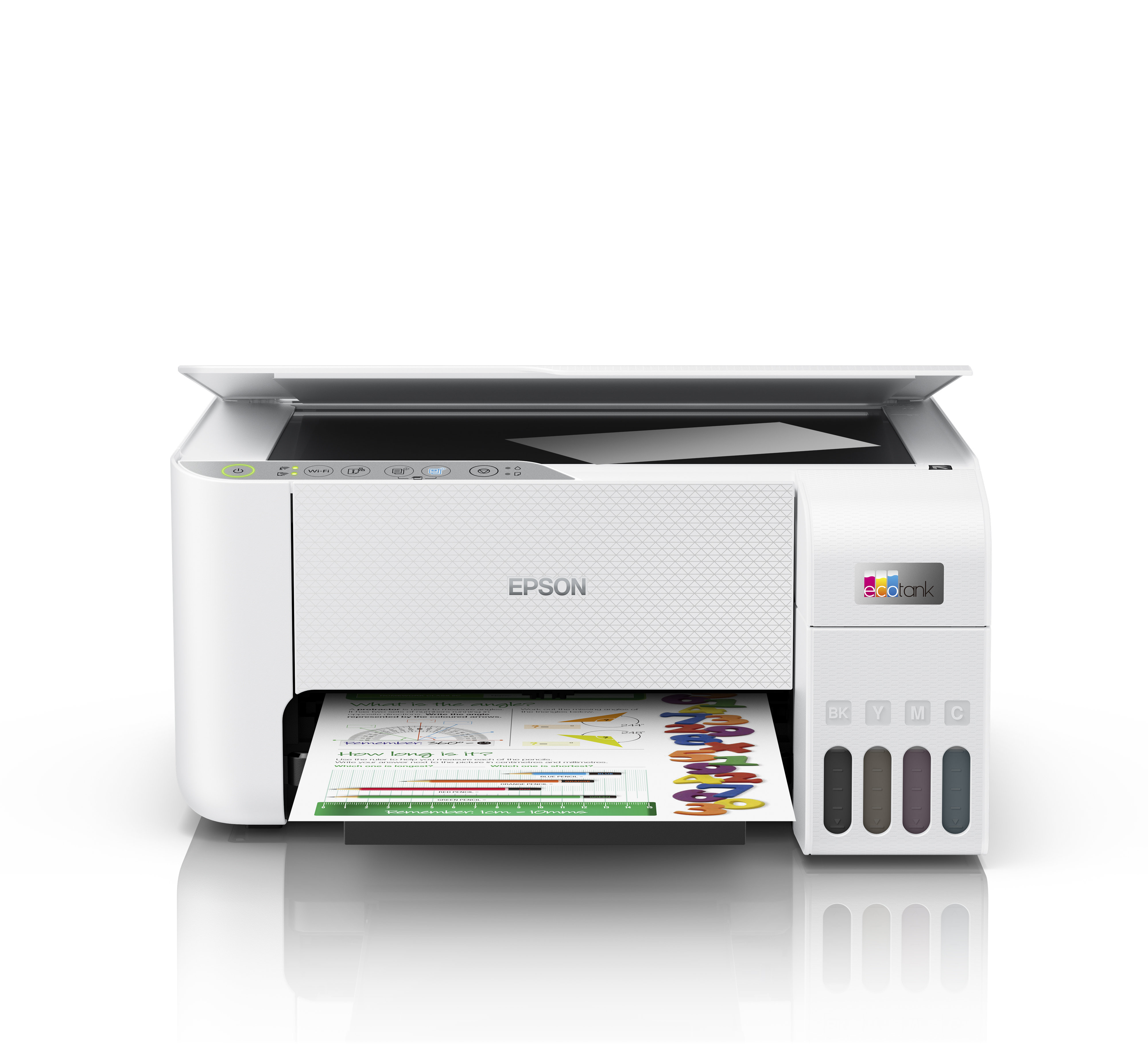 Biała drukarka Epson drukuje papier z kolorowymi liczbami.