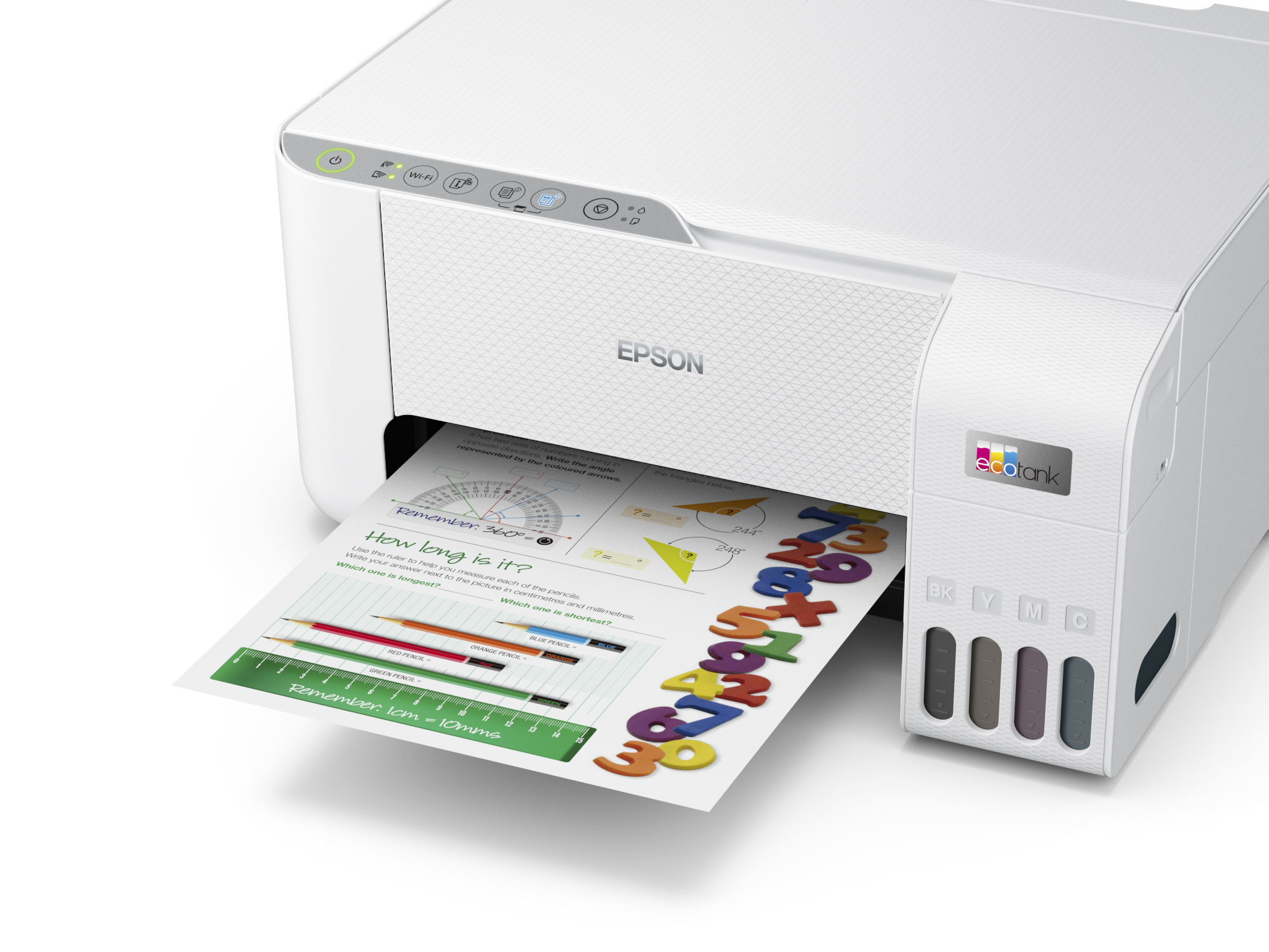 Biała drukarka Epson EcoTank z arkuszem ćwiczeń i kolorowymi liczbami.