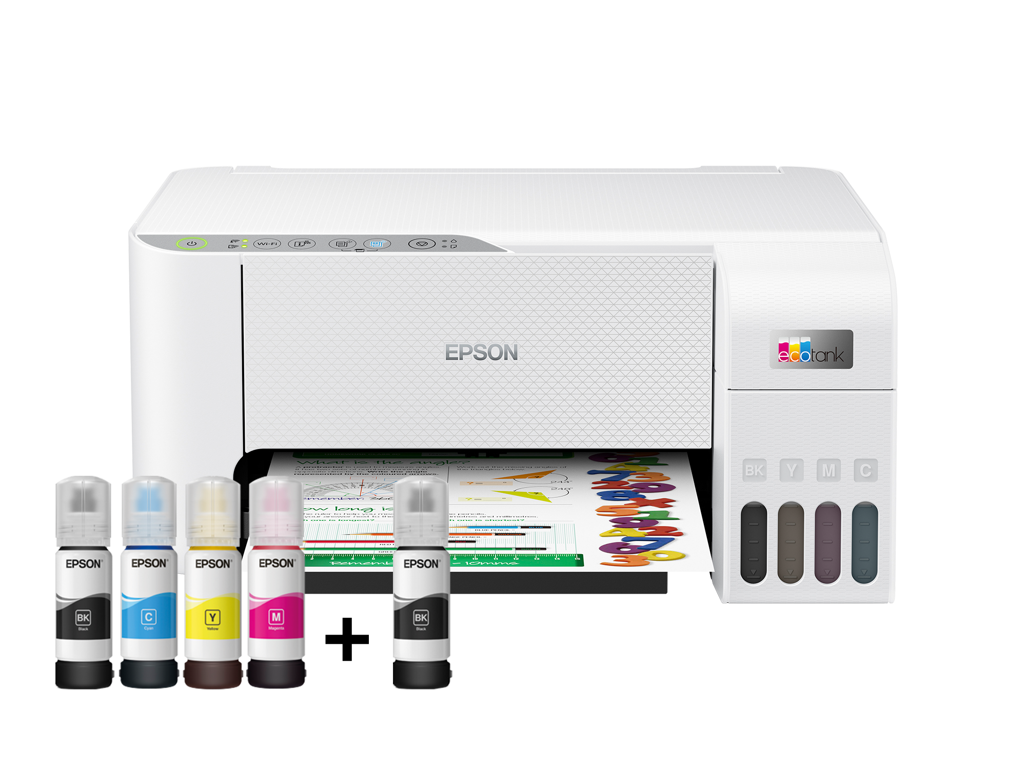 Biała drukarka Epson EcoTank z butelkami z tuszem i papierem.