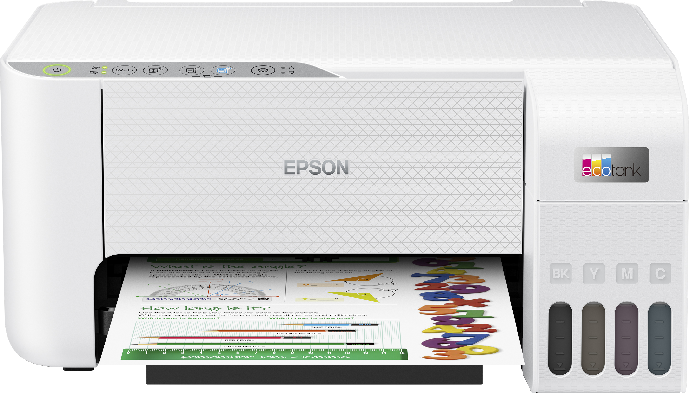 Biała drukarka Epson EcoTank z zadrukowanym papierem. Widoczne są zbiorniki na tusz.