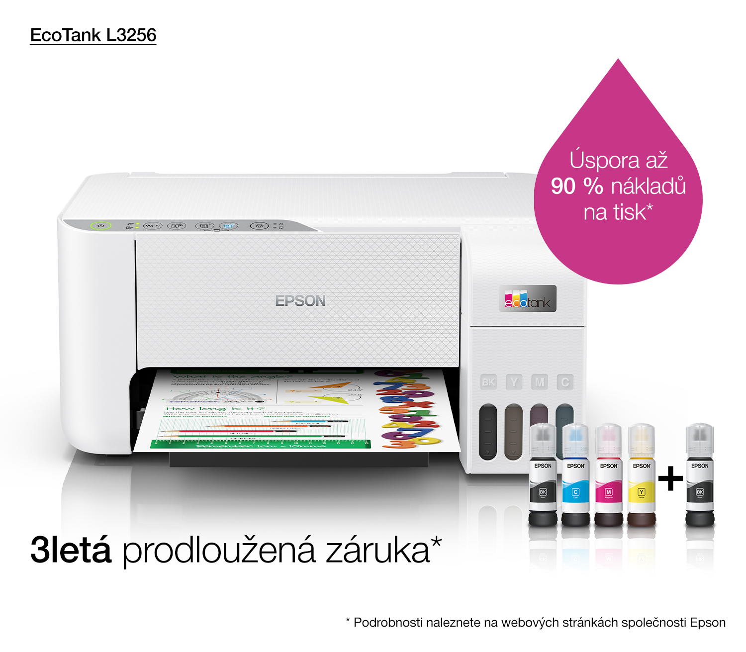 Biała drukarka Epson EcoTank L3256 z butelkami z tuszem i wydrukiem.