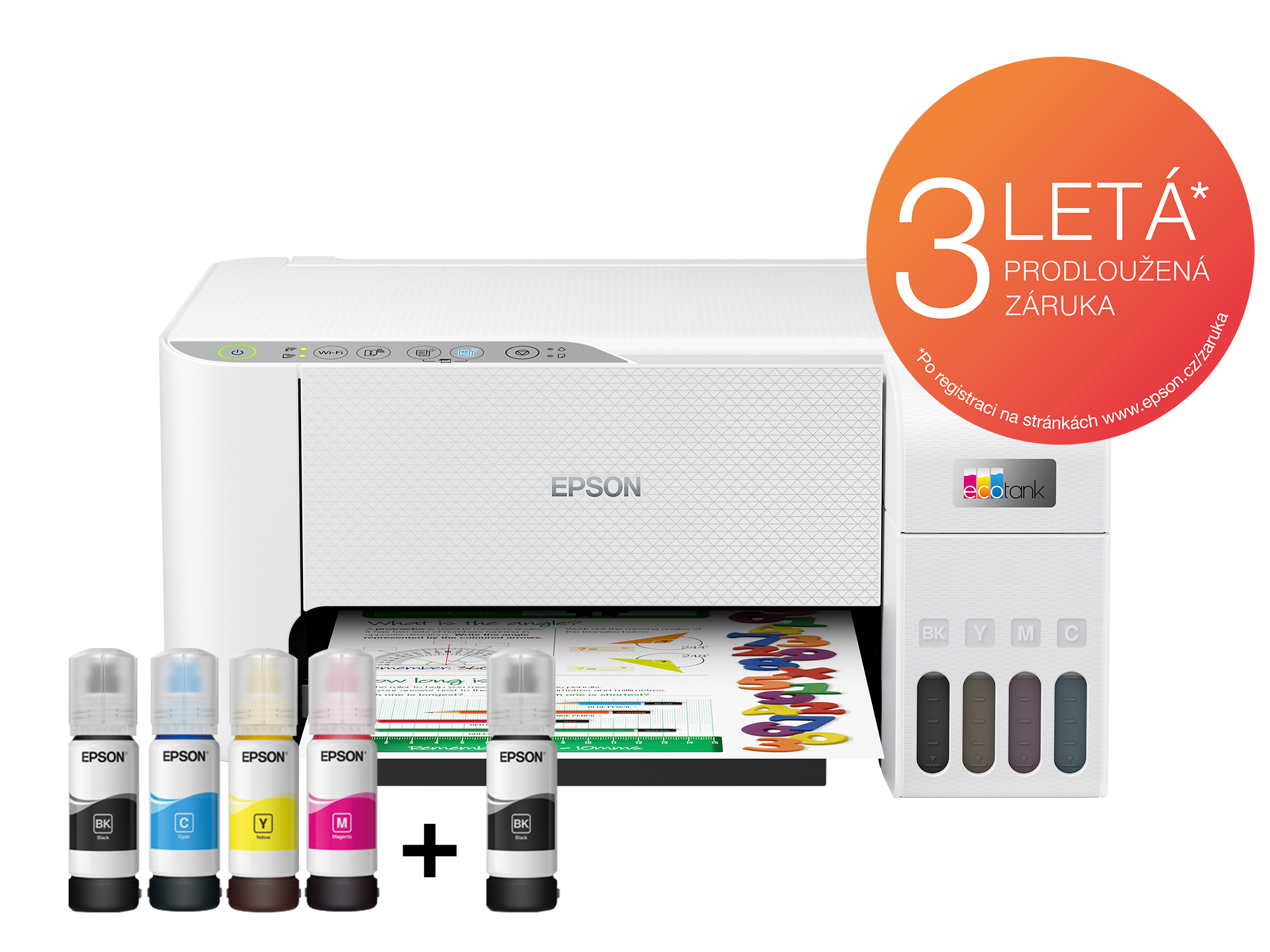 Biała drukarka Epson EcoTank z czterema butelkami tuszu i dokumentem.