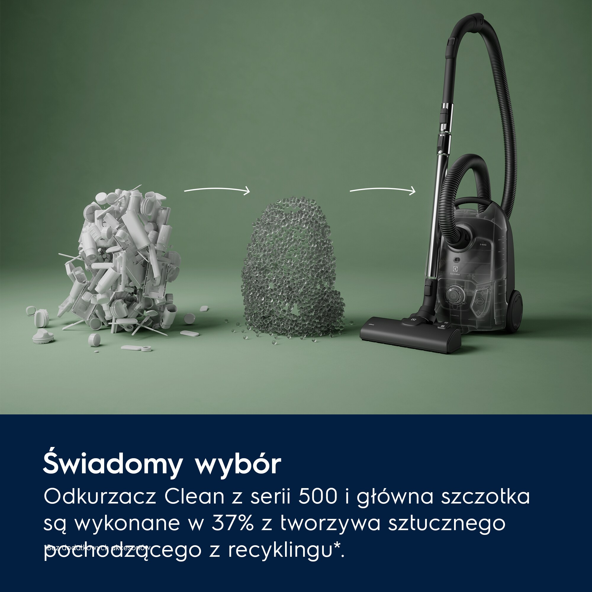 Odkurzacz pokazany z odpadami z tworzyw sztucznych przekształcającymi się w materiał z recyklingu.
