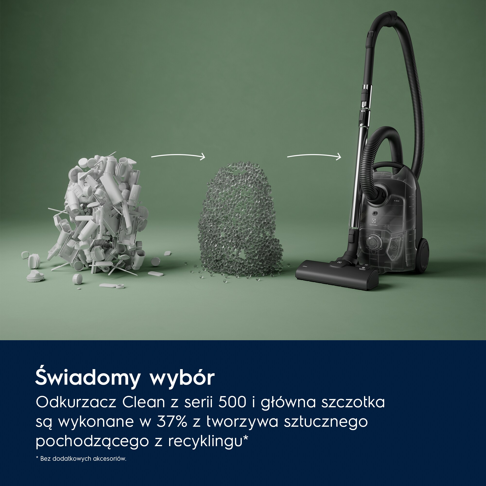 Odkurzacz z tworzywa sztucznego z recyklingu, przedstawiony jako granulki.