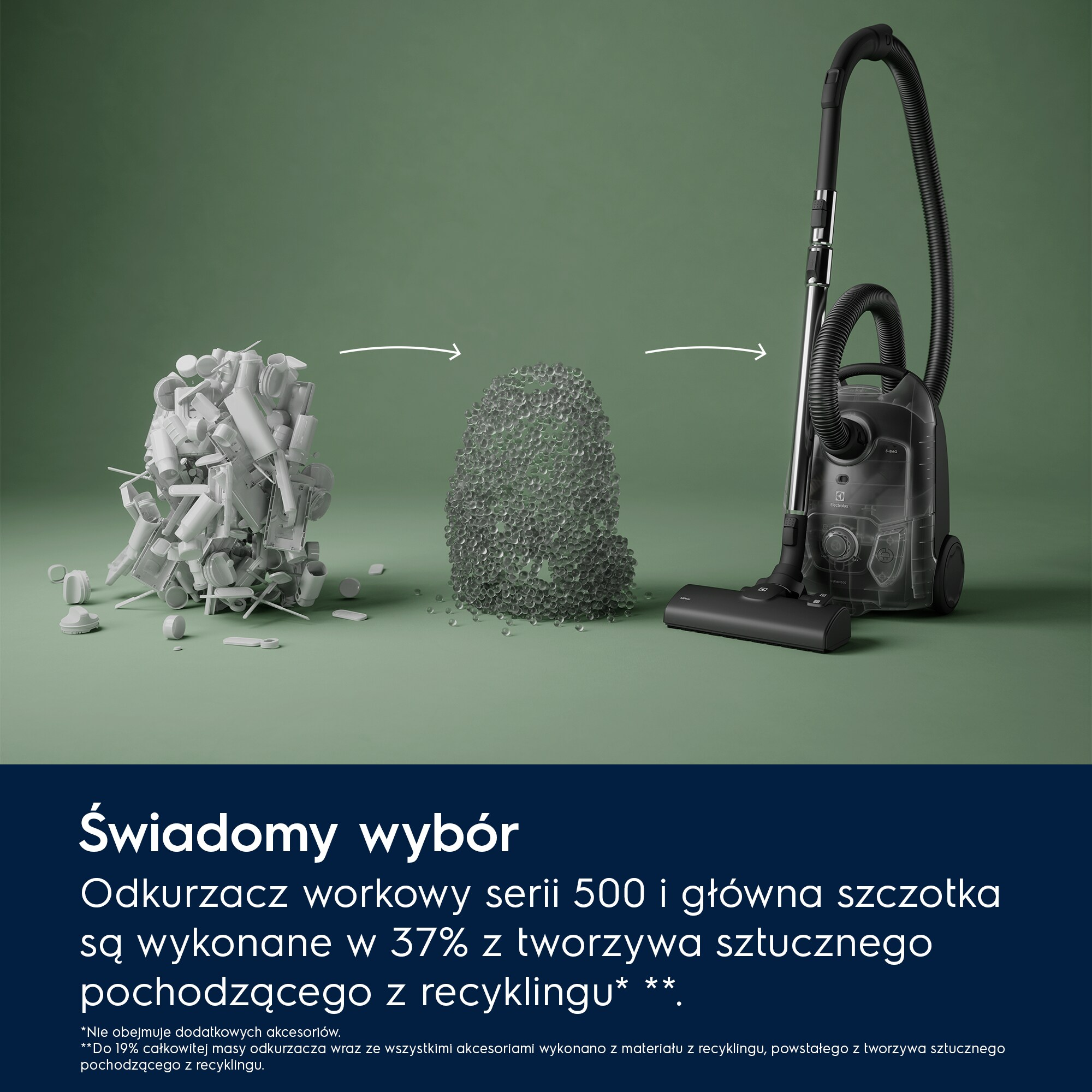 Odkurzacz z tworzywa z recyklingu z misą z granulatu.