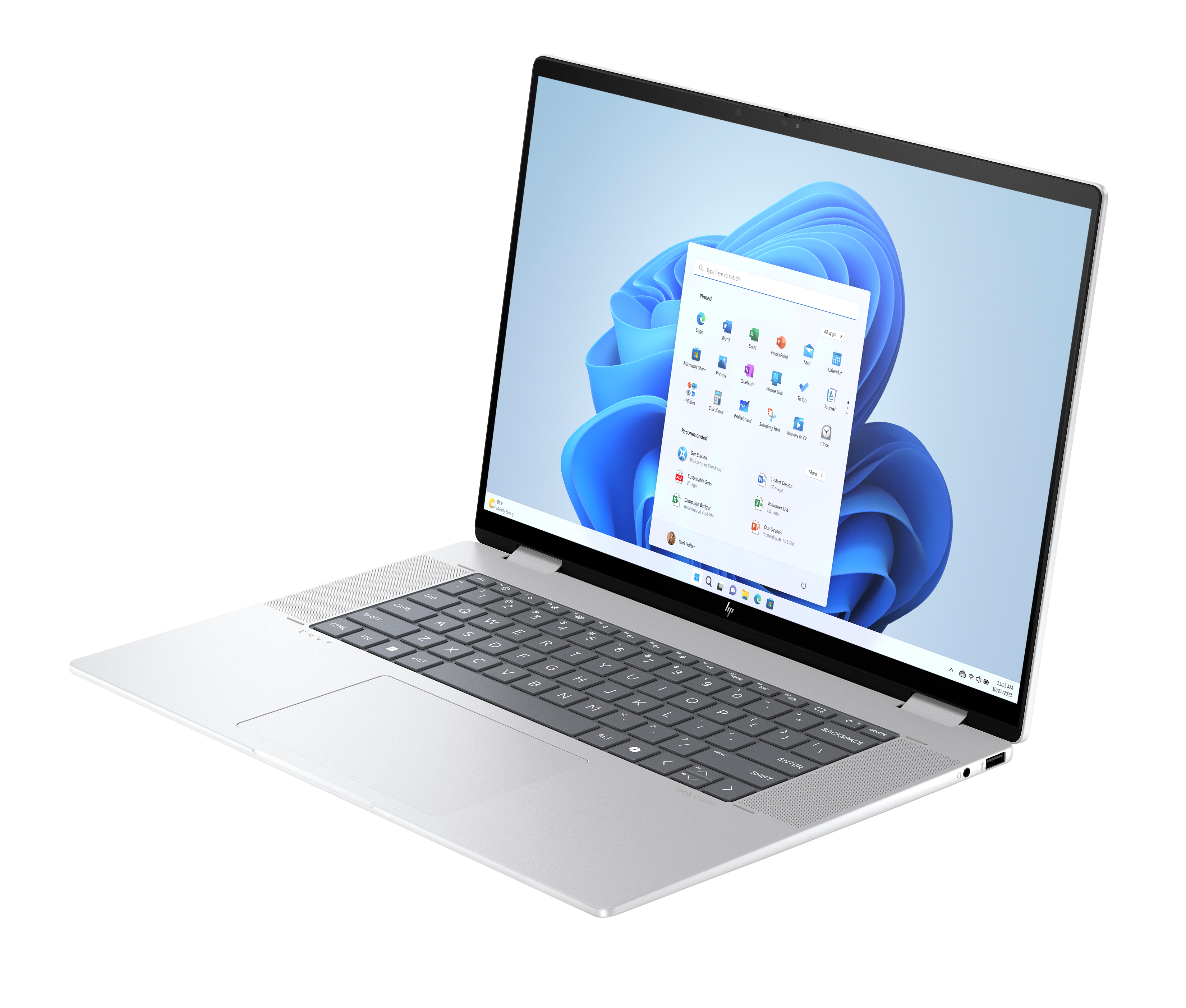 Srebrny laptop wyświetla Windows 11 z otwartym menu Start.