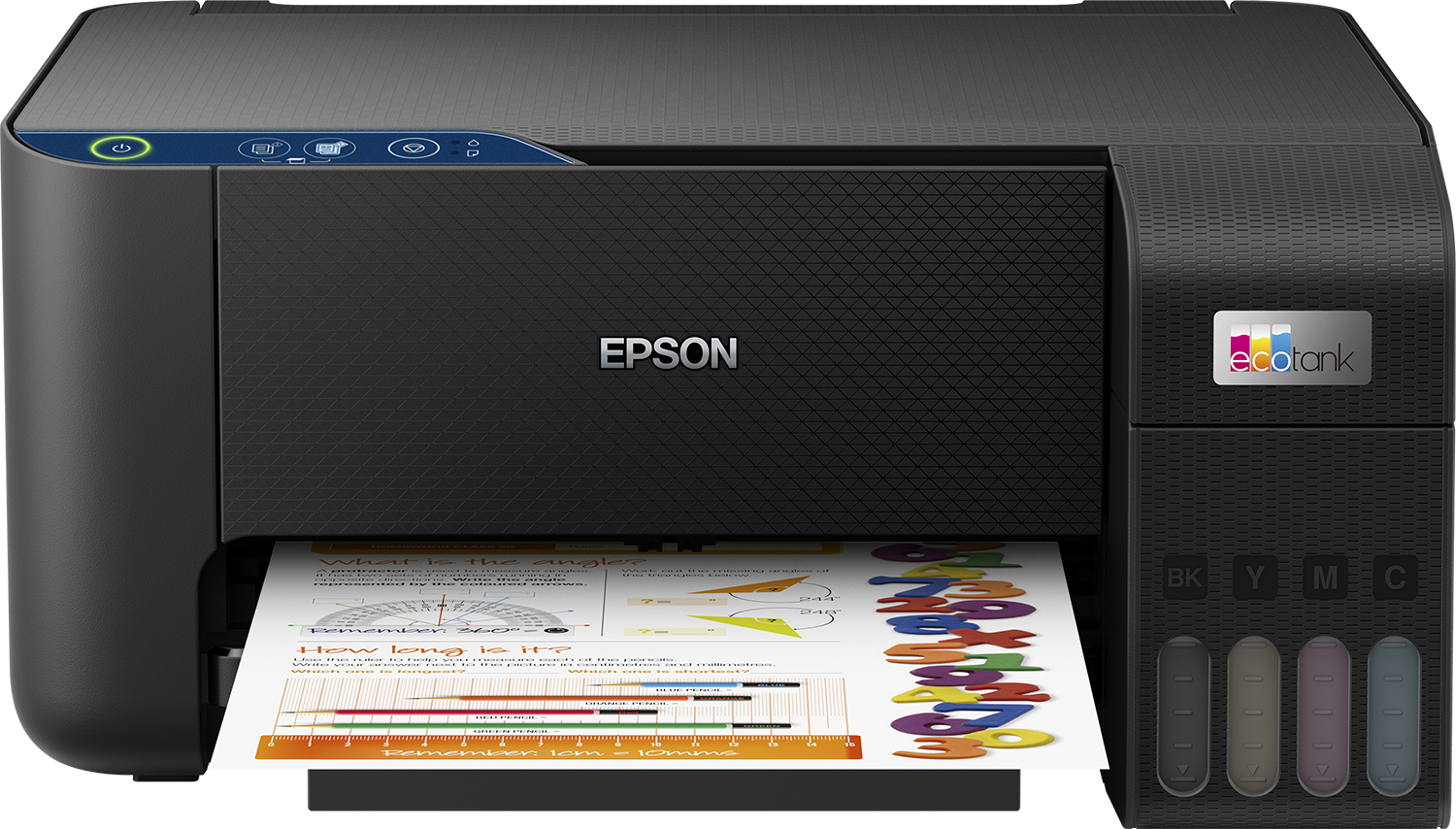 Czarna drukarka Epson Ecotank z wydrukowanymi kolorowymi cyframi i literami.