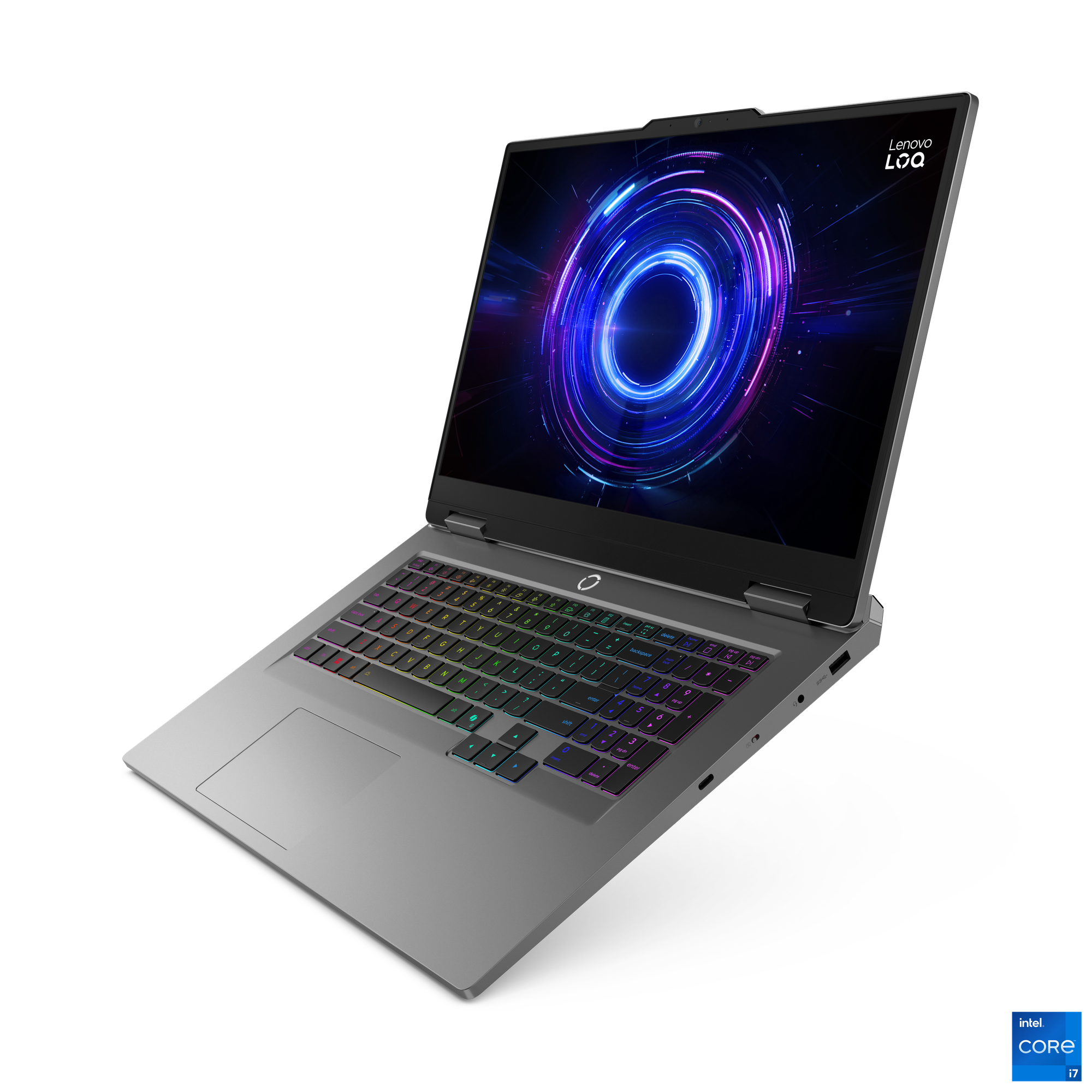 Ekranında soyut daireler ve ışıklı klavyeye sahip gümüş renkli Lenovo LOQ dizüstü bilgisayar.