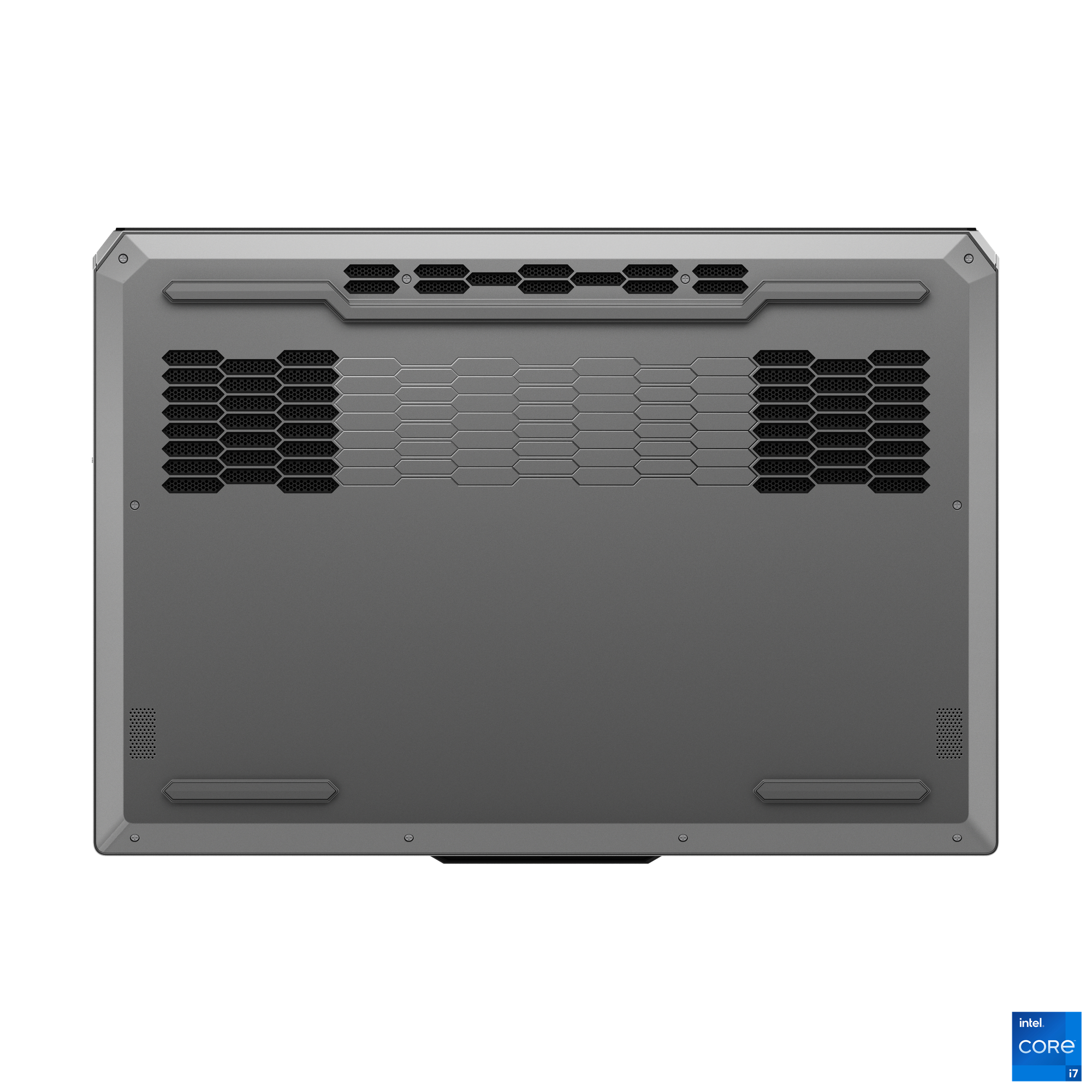 Havalandırma ızgaraları ve Intel Core i7 logosu bulunan gri dizüstü bilgisayarın altı.